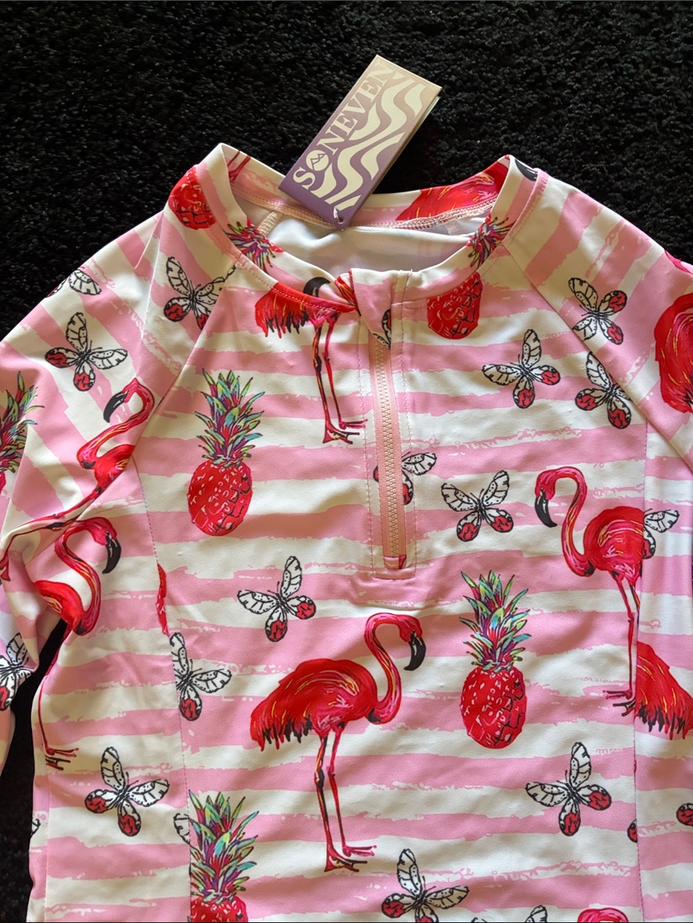 NWT Soneven Pink & White Striped Flamingo and Pineapple Rash Guard Top 33”-38”